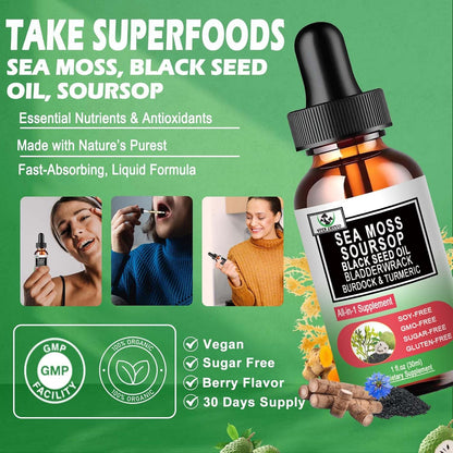 Sea Moss Black Seed Oil Soursop Liquid Drops with Bladderwrack Burdock Root Turmeric – Multimineral and Vitamin Superfood Drops