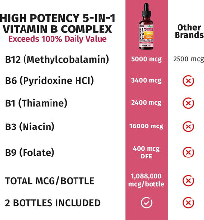 NUSAVA Vitamin B12 Liquid Drops 5000mcg - Sublingual B12 Complex with B6 & B1 - Methylcobalamin - Vegan, Non-GMO, Strawberry (4-Pack, 60 ml Each)