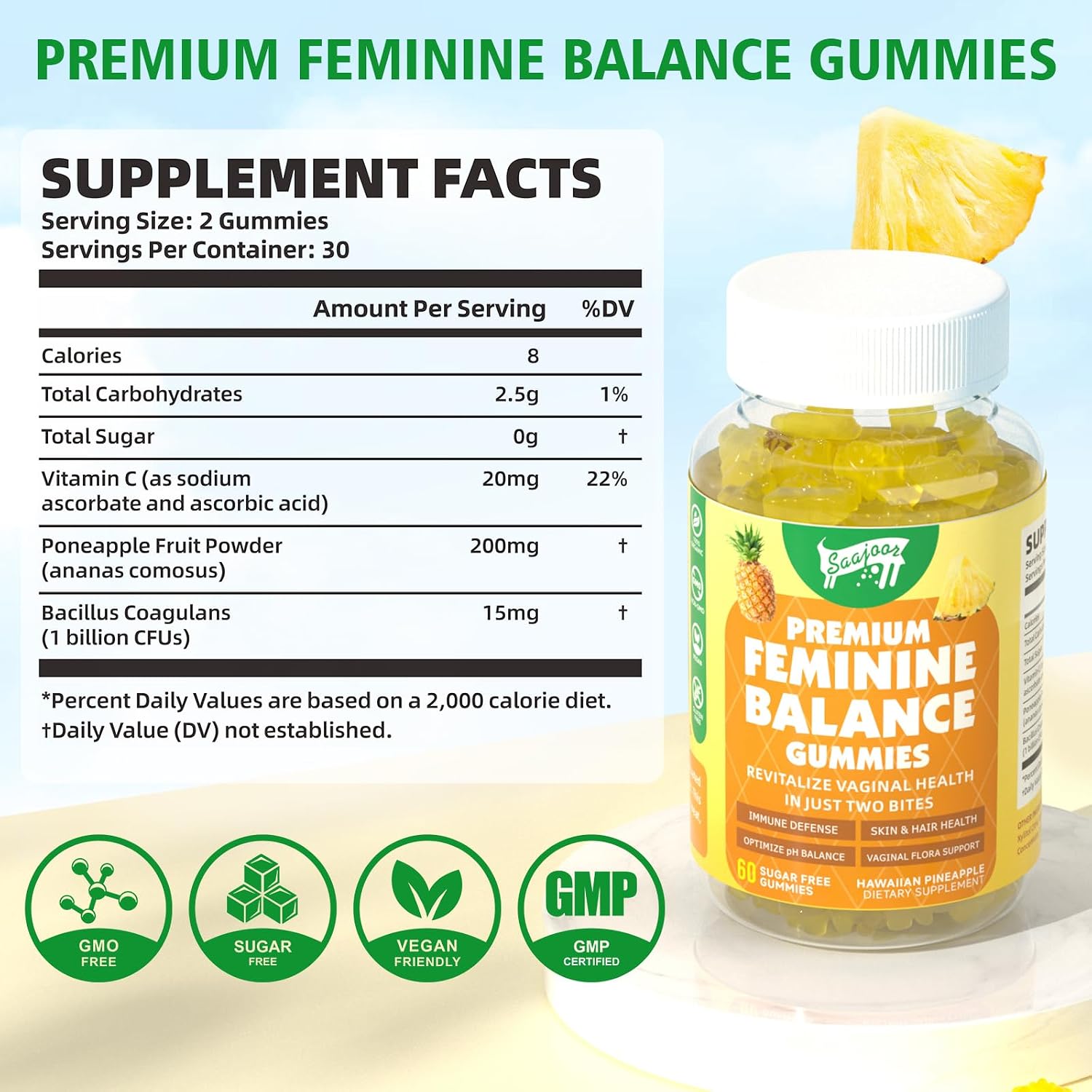 Premium Feminine Balance Gummies for Women's Immune Function, Hawaiian Pineapple Gummies Support pH Balance & Immune Function, Vegan, Gluten-free, 60 Gummies - görsel 2
