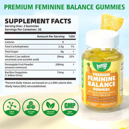 Premium Feminine Balance Gummies for Women's Immune Function, Hawaiian Pineapple Gummies Support pH Balance & Immune Function, Vegan, Gluten-free, 60 Gummies