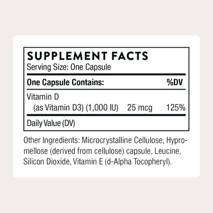 THORNE Vitamin D3 Supplement - 1000 IU - 90 Softgels