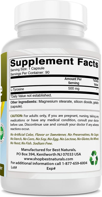 Best Naturals L-Tyrosine 500 mg – 90 Capsules (3-Pack)