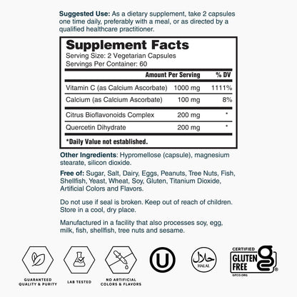 Nature's Lab Gold Super Vitamin C 1000 mg – Non-Acidic, with Bioflavonoids & Quercetin – 120 Capsules