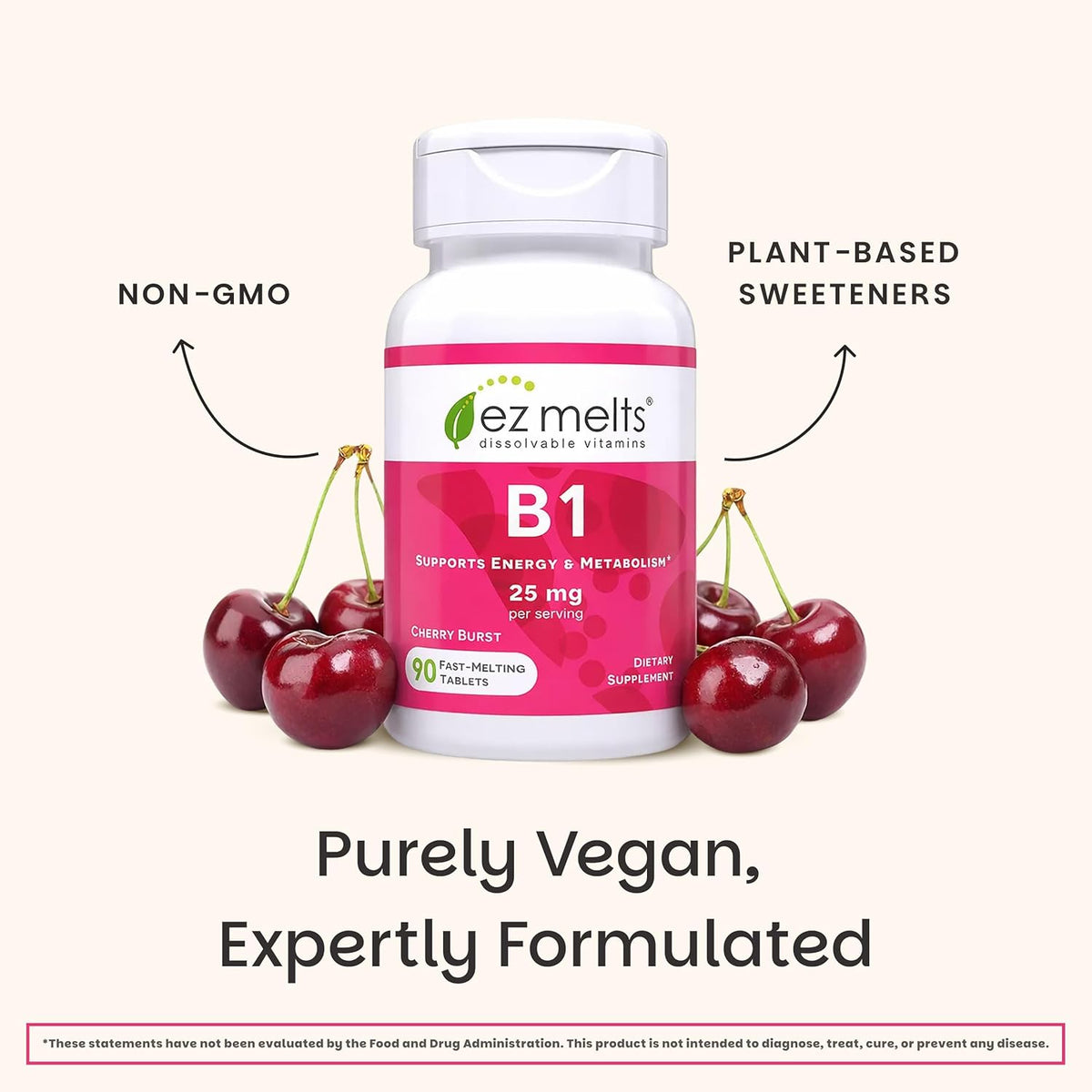 EZ Melts Dissolvable Vitamin B1 25 mg - Thiamin Supplement for Energy, Stress & Cellular Support - No Artificial Flavours - Non-GMO & Vegan - Cherry Burst - 90 Dissolvable Tablets (45 Servings) - görsel 6