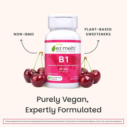 EZ Melts Dissolvable Vitamin B1 25 mg - Thiamin Supplement for Energy, Stress & Cellular Support - No Artificial Flavours - Non-GMO & Vegan - Cherry Burst - 90 Dissolvable Tablets (45 Servings)