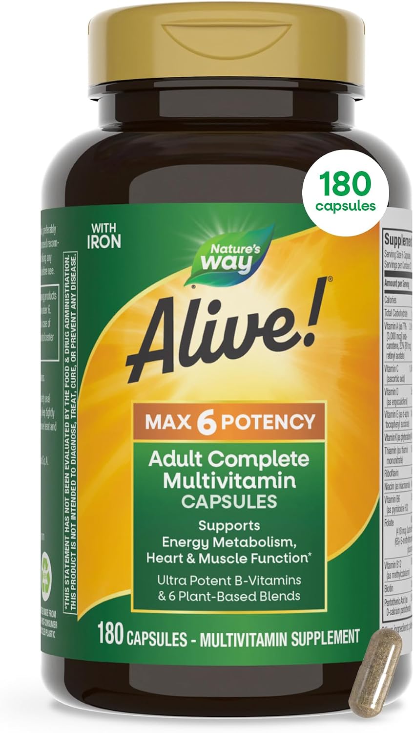 Nature's Way Alive! Max6 Potency Adult Complete Multivitamin with Iron, Methylated B12 & Folate, 90 Capsules - görsel 9