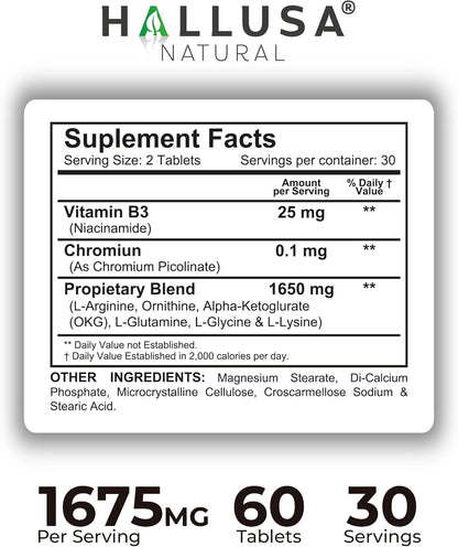 Hallusa Natural Amino Acid Complex with L-Arginine & Ornithine – 60 Tablets