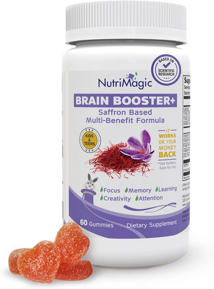 NutriMagic Kids Brain Booster+ Saffron Extract Gummies with Multivitamin D3, B6, B12, Zinc – With Saffron for Daily Nutrient Support – Non-GMO, 30 Servings