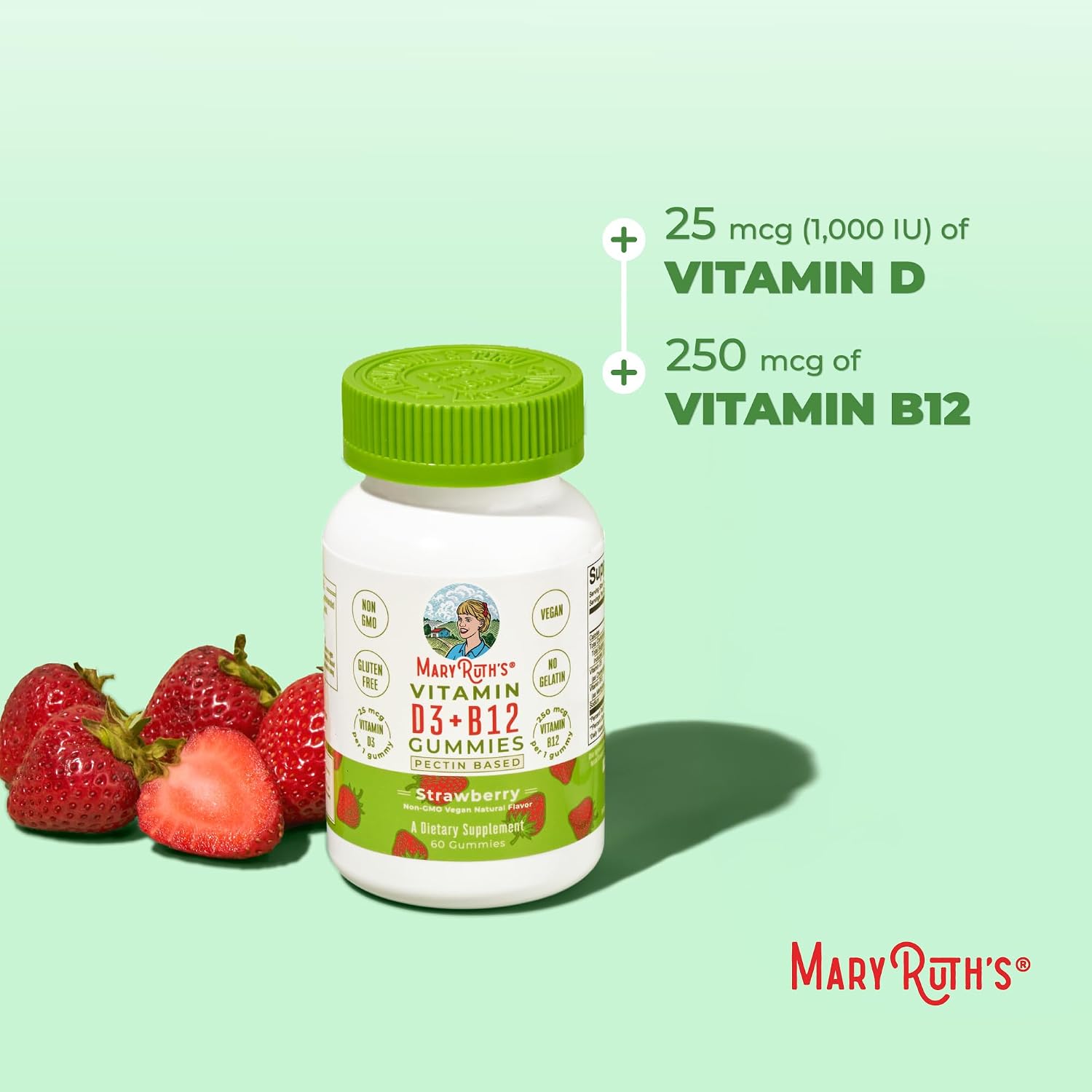 MARYRUTH'S Vitamin D3 + B12 Gummies for Ages 4+ | Bone Health | Immune Support | Energy Metabolism | Cognitive Function | Vegan | GM-Free | Gluten-free | 60 Gummies | 2 Month Supply - görsel 7