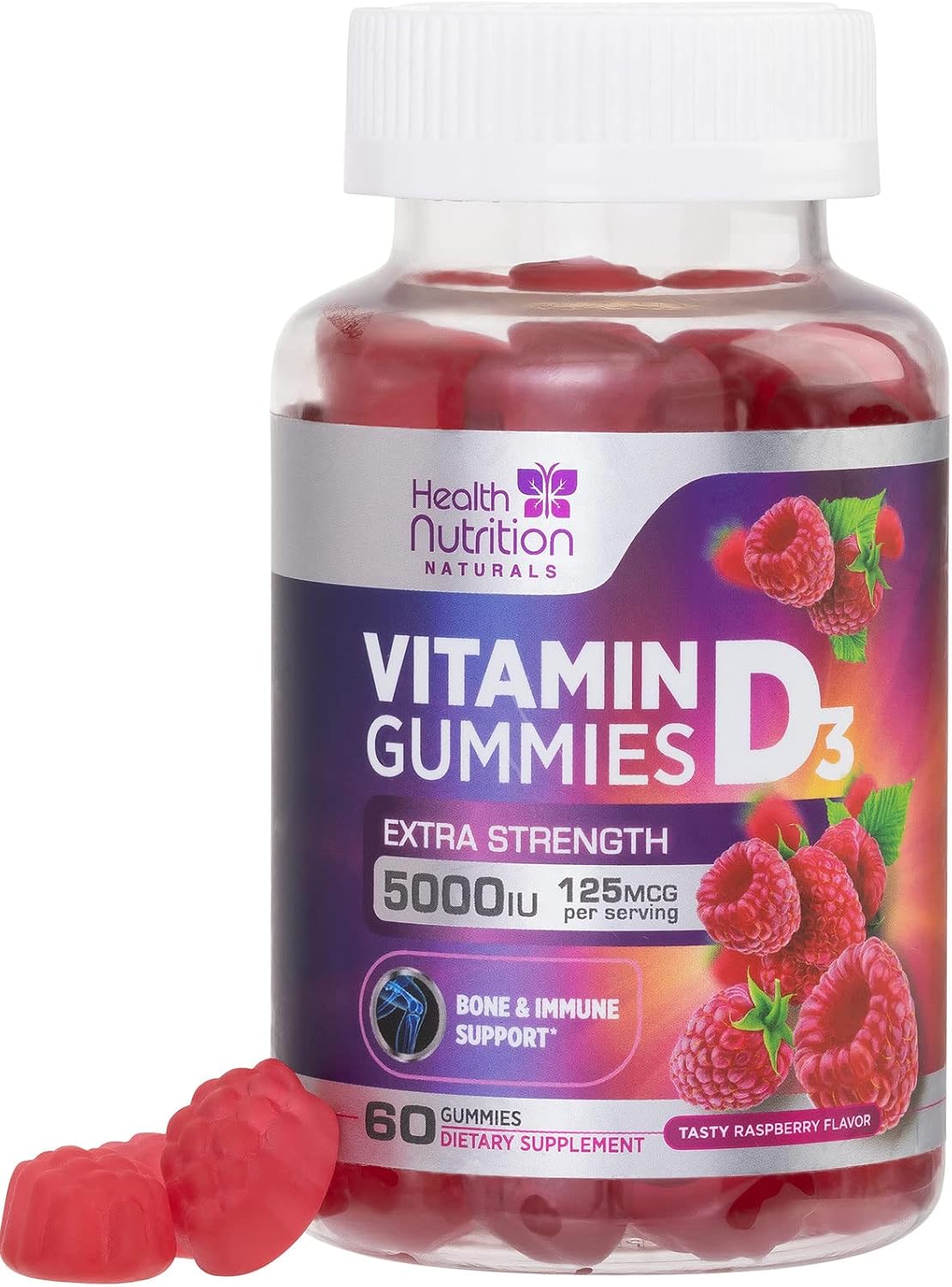 Vitamin D3 Gummies 125 µg (5000 IU) Per Serving - Triple Strength Immune & Bone Support, Vitamin D Gummy Food Supplement, Nature's Berry D Vitamin Supplement, Raspberry Flavoured - 60 Gummies - görsel 1