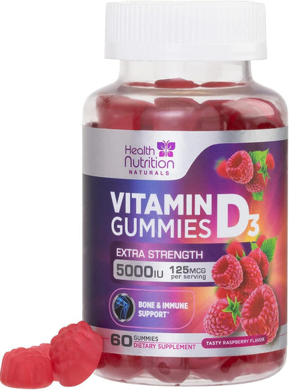 Vitamin D3 Gummies 125 µg (5000 IU) Per Serving - Triple Strength Immune & Bone Support, Vitamin D Gummy Food Supplement, Nature's Berry D Vitamin Supplement, Raspberry Flavoured - 60 Gummies