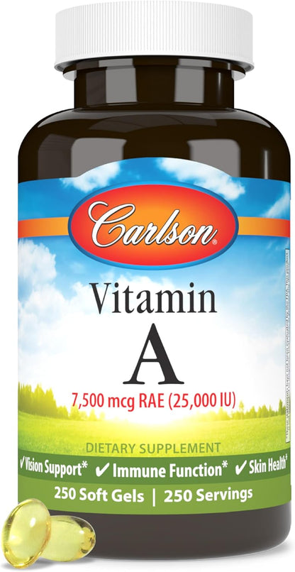 Carlson Vitamin A 25000 IU (7500 mcg RAE) Softgels – Immune Support and Vision Health