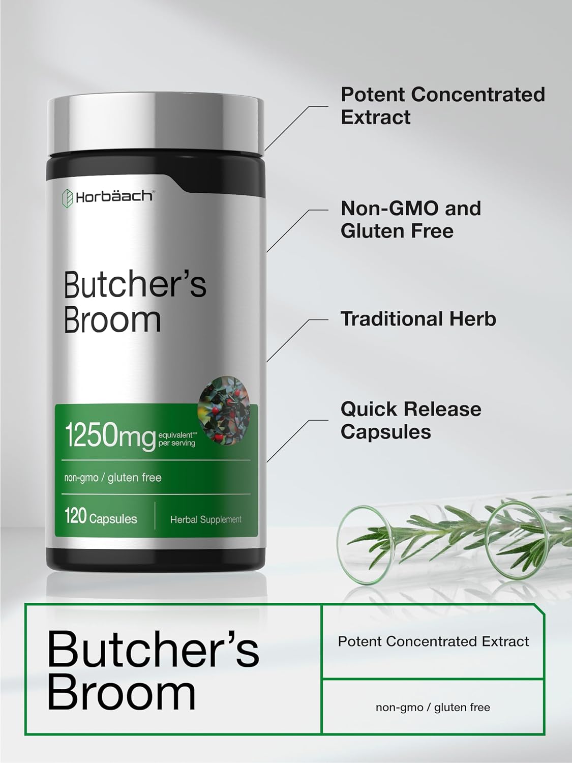 Horbaach Butchers Broom Capsules | 120 Capsules | Non-GMO, Gluten-free | Traditional Herb Root Extract Supplement - görsel 4