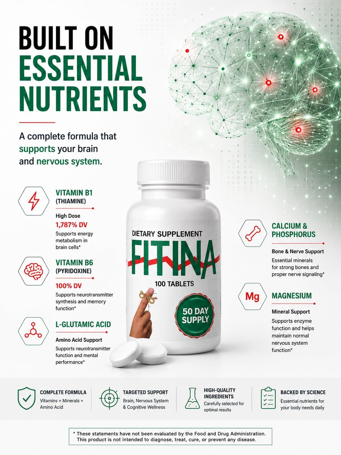 Fitina Brain Supplement – High-Dose B Vitamins for Memory and Focus, 100 Tablets (50 Servings) - görsel 3