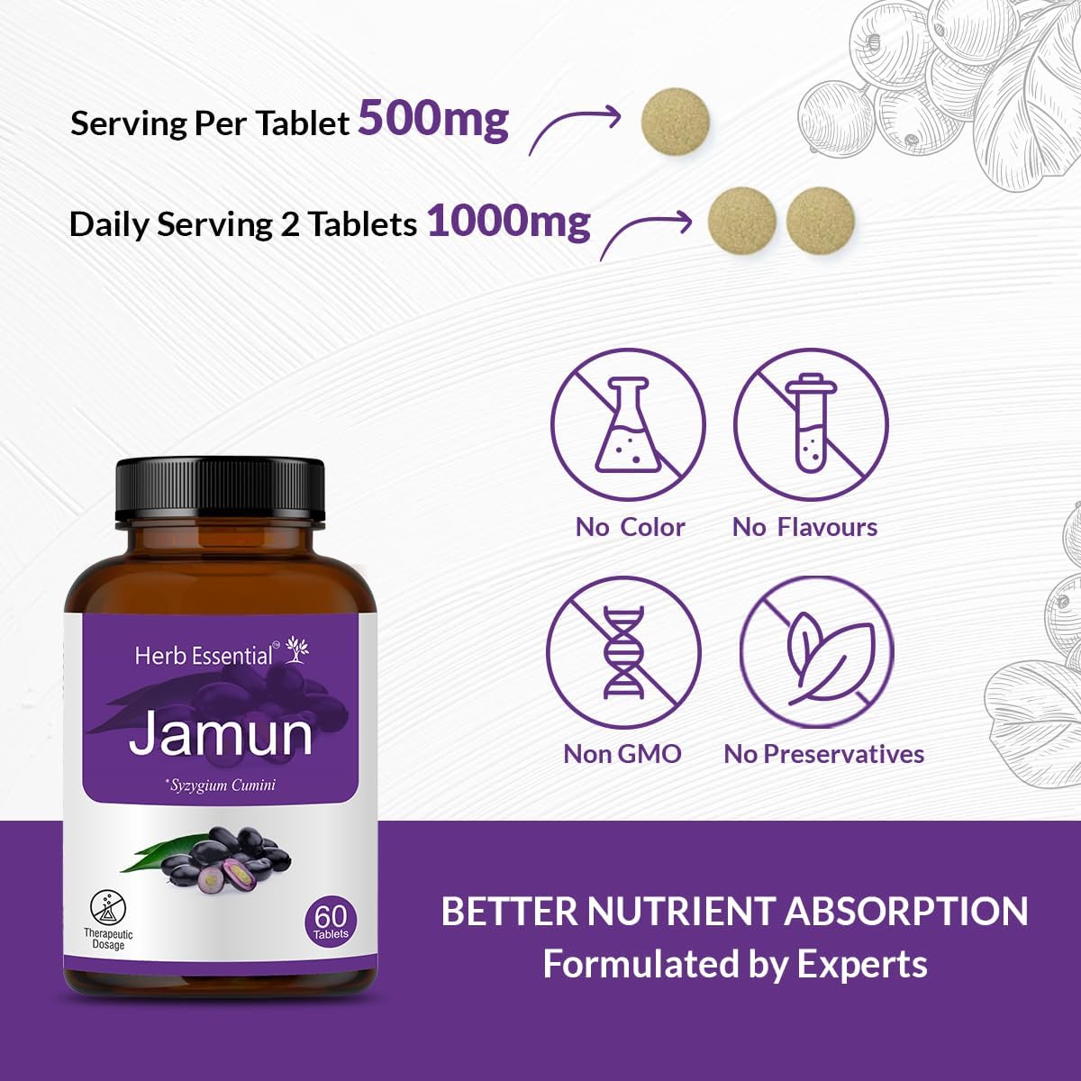 Herb Essential Jamun Seed Tablets 500mg – 60 Count - görsel 2