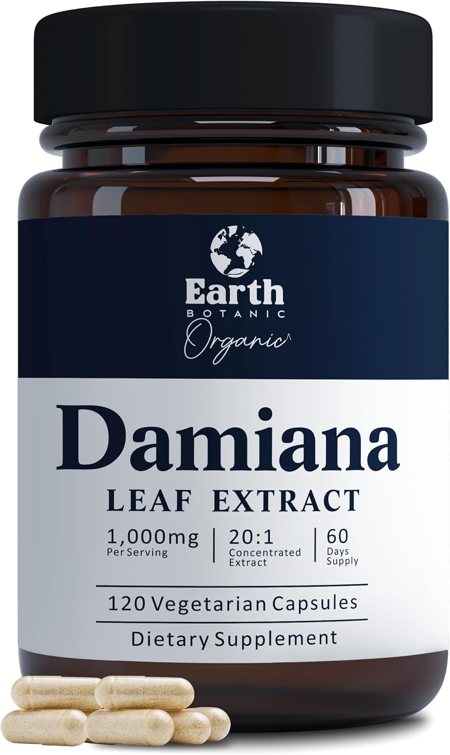 Earth Botanic Organic Damiana Capsules 1000 mg – Damiana Leaf Extract 20:1 Concentrated Herbal Supplement – 120 Veg Capsules - görsel 1