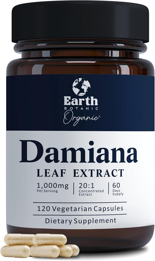 Earth Botanic Organic Damiana Capsules 1000 mg – Damiana Leaf Extract 20:1 Concentrated Herbal Supplement – 120 Veg Capsules