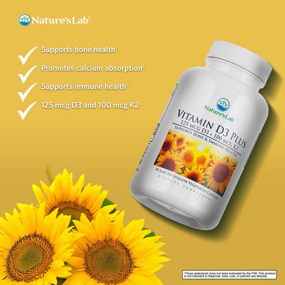 Nature's Lab Vitamin D3 Plus - Vitamins D3 & K2 (MK-7) - Immune Support, Bone Health, Normal Blood Clotting - Gluten-free, Non GMO - 90 Capsules