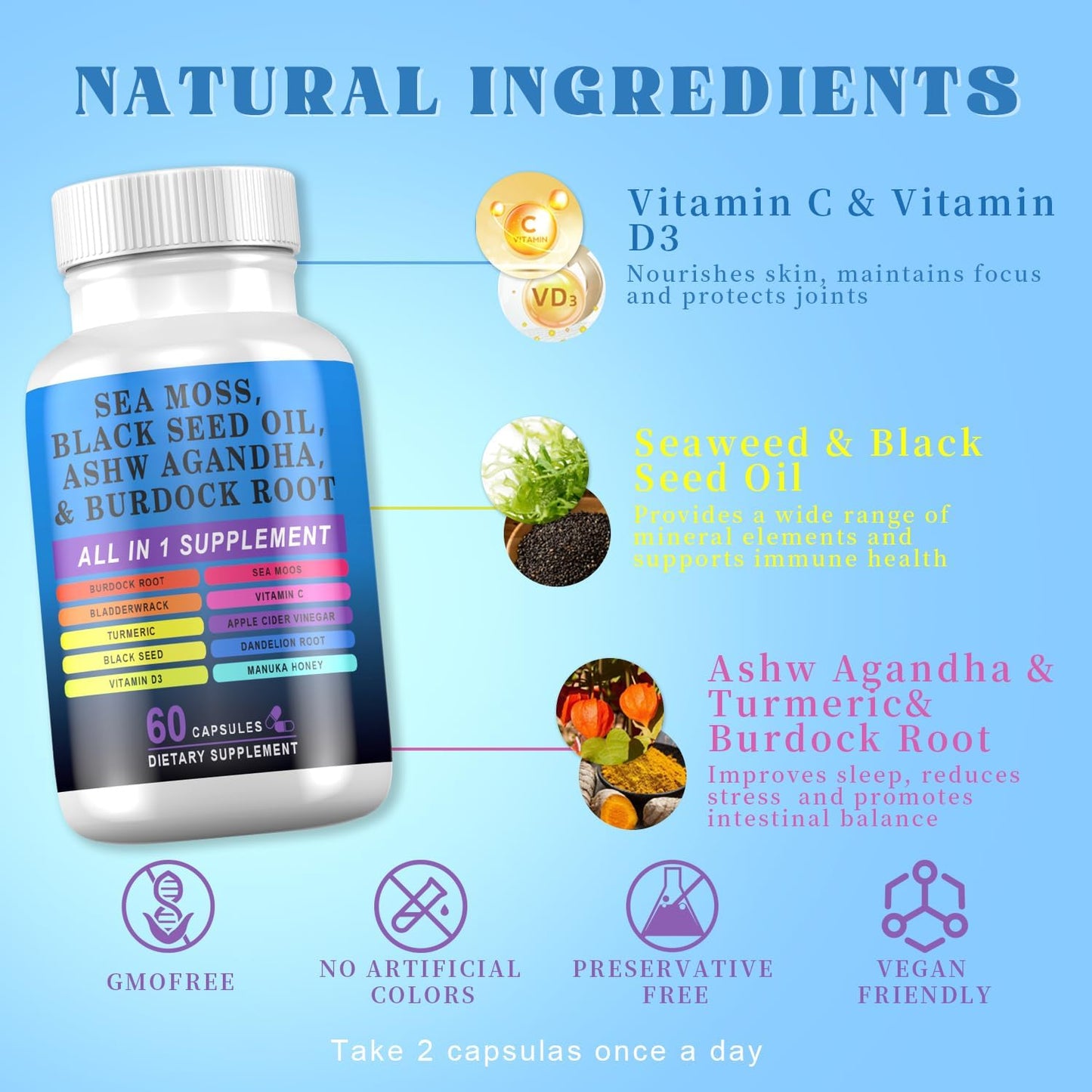 Pyzor Sea Moss Black Seed Oil Ashwagandha Turmeric Bladderwrack Burdock Root Shilajit - 60 Capsules - görsel 4
