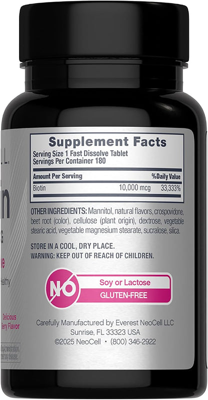 NeoCell Biotin 10000mcg Fast Dissolve Tablets | 180 Count | for Women and Men | Berry Flavour Supplement | Hair, Skin, and Nails