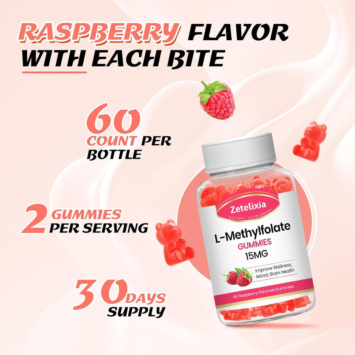 L-Methylfolate 15mg & Methyl B12 Gummies - Sugar Free, Vegan, Raspberry Flavour (60 Count) - görsel 6