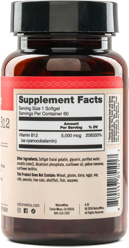 NatureWise Vitamin B12 5000 mcg - Extra Strength - 60 Soft gel capsules