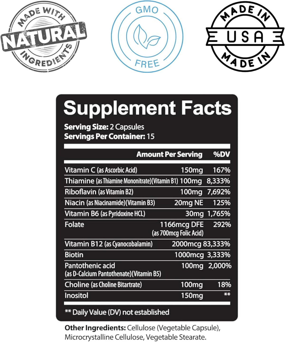 Kaya Naturals B-12 Complex – Multivitamin Supplement for Women and Men, Supports Normal Energy and Metabolism with Biotin, Choline, Inositol, Folate, and Vitamin C – 30 Capsules - görsel 3