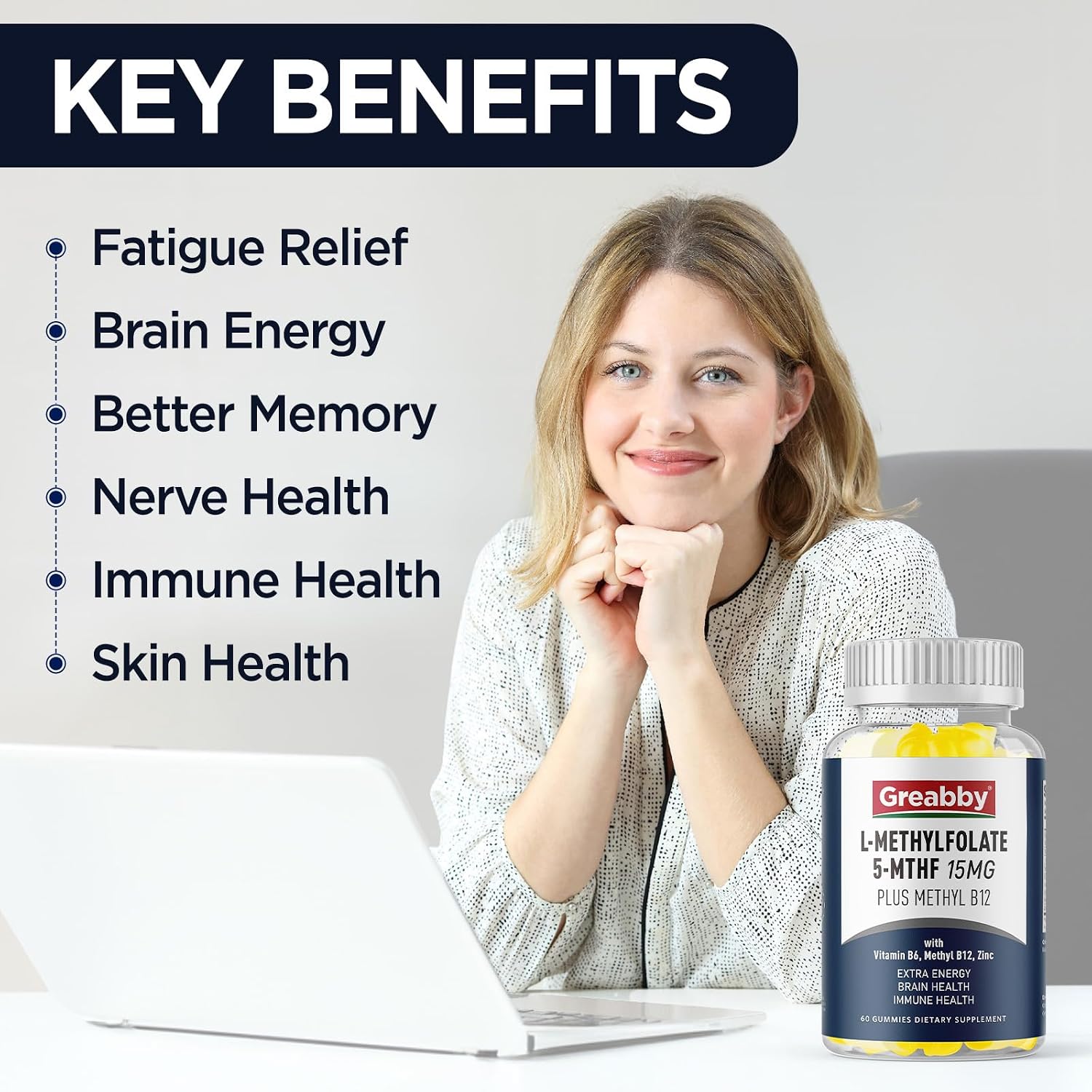 L Methylfolate Gummies, 5-MTHF 15 mg with Methyl B12 1000 mcg, Sugar-Free, 60 Gummies - görsel 5