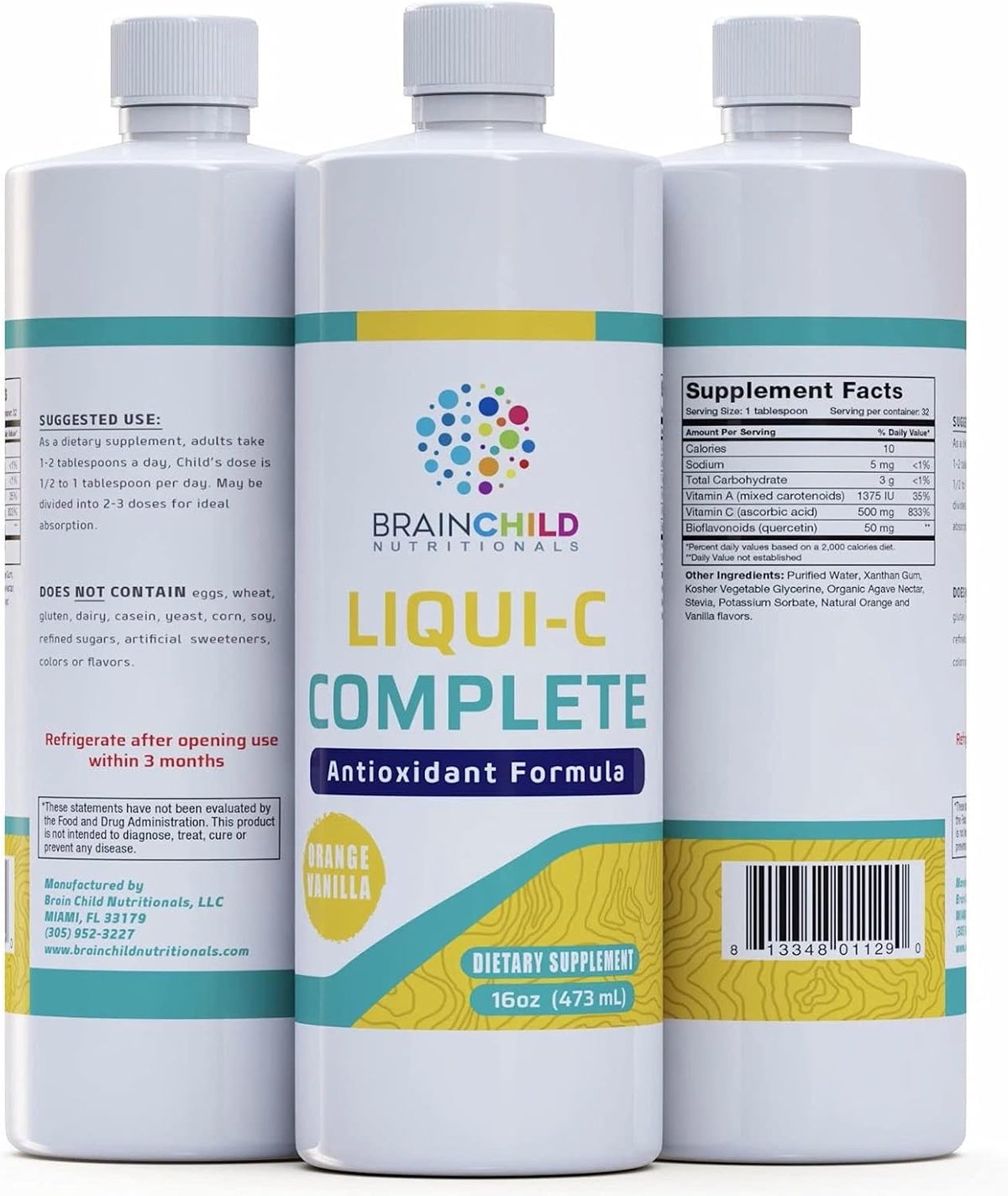 BrainChild Nutritionals Liqui-C Complete Liquid Vitamin C – Buffered Ascorbic Acid with Quercetin Bioflavonoids, Gluten-Free, Orange-Vanilla (473 ml) - görsel 1