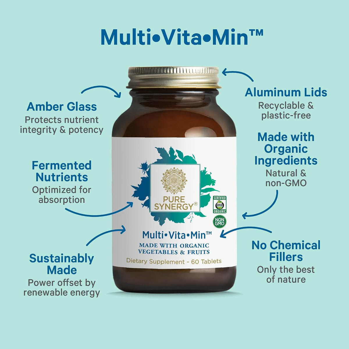 PURE SYNERGY Multi·Vita·Min | Vegan Multivitamin Made with Organic Whole Foods | Twice Daily Supplement for Men and Women | Core Nutrients for Energy, Mood, Immune, and Bone Health (60 Tablets) - görsel 3