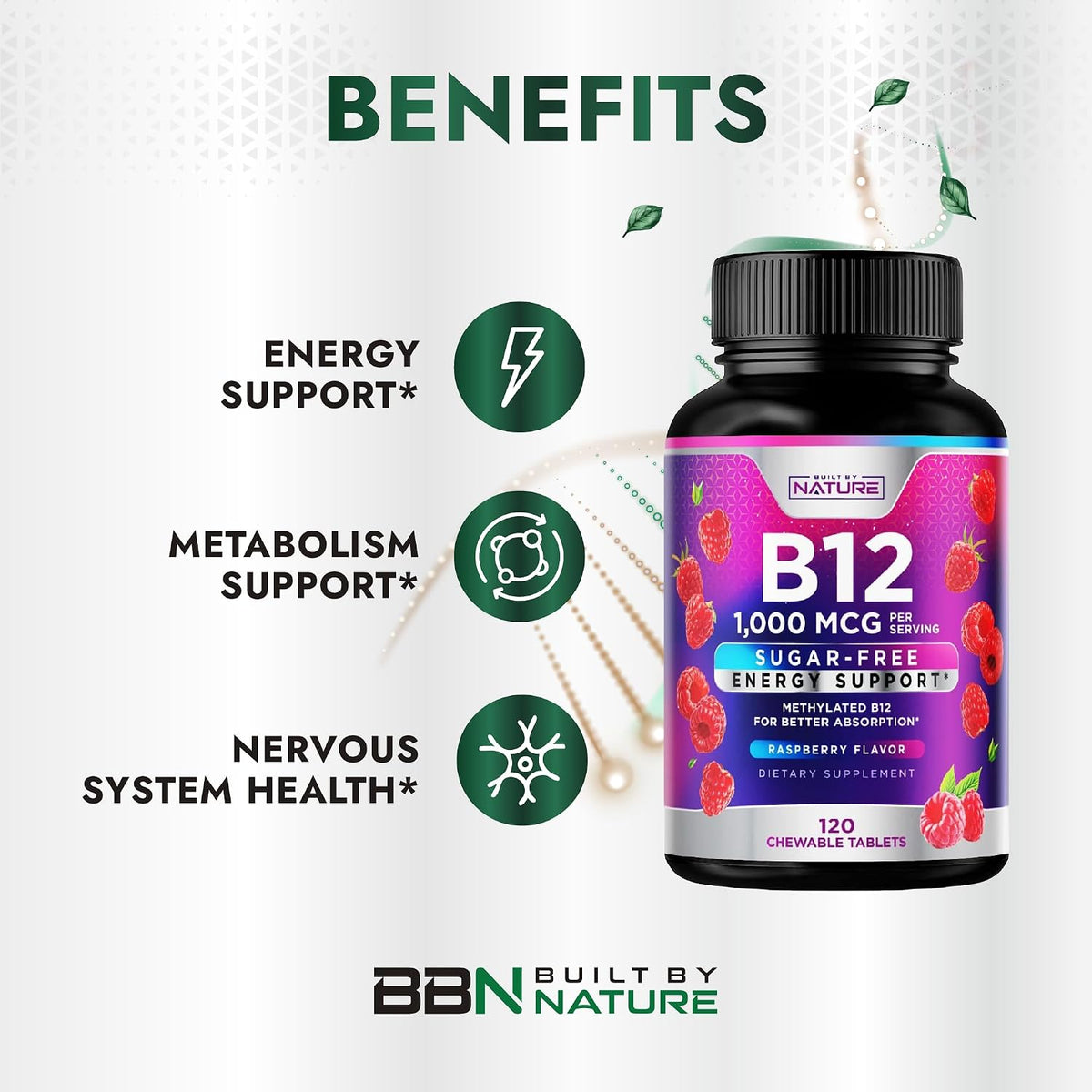 Built by Nature Vitamin B12 1000 mcg Methylcobalamin Sublingual Tablets - Berry Flavour, 120 Count - görsel 4