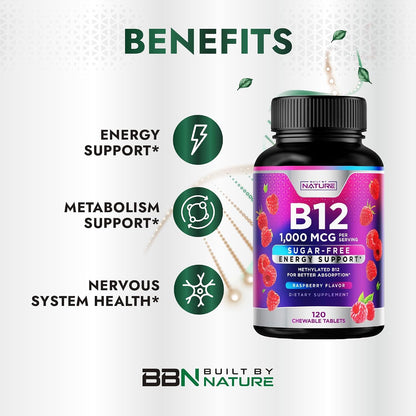 Built by Nature Vitamin B12 1000 mcg Methylcobalamin Sublingual Tablets - Berry Flavour, 120 Count