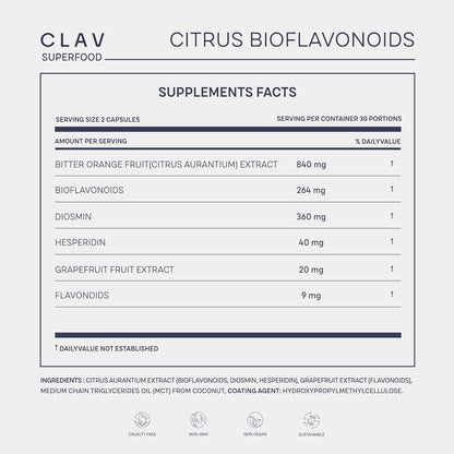 CLAV Citrus Bioflavonoids - Vegan Flavonoids Supplement with Bitter Orange and Grapefruit Extract - Antioxidant & Immune Support - 60 Capsules