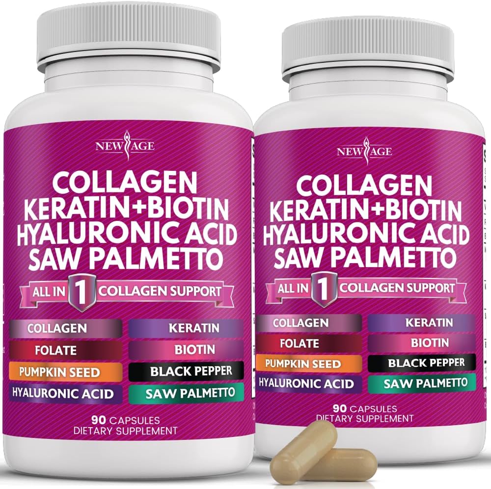 NEW AGE Collagen Capsules with Biotin, Keratin, Saw Palmetto, Hyaluronic Acid, Vitamin E, Folic Acid, Pumpkin Seed, MSM (Pack of 2, 180 Capsules) - görsel 1