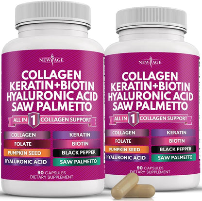 NEW AGE Collagen Capsules with Biotin, Keratin, Saw Palmetto, Hyaluronic Acid, Vitamin E, Folic Acid, Pumpkin Seed, MSM (Pack of 2, 180 Capsules)