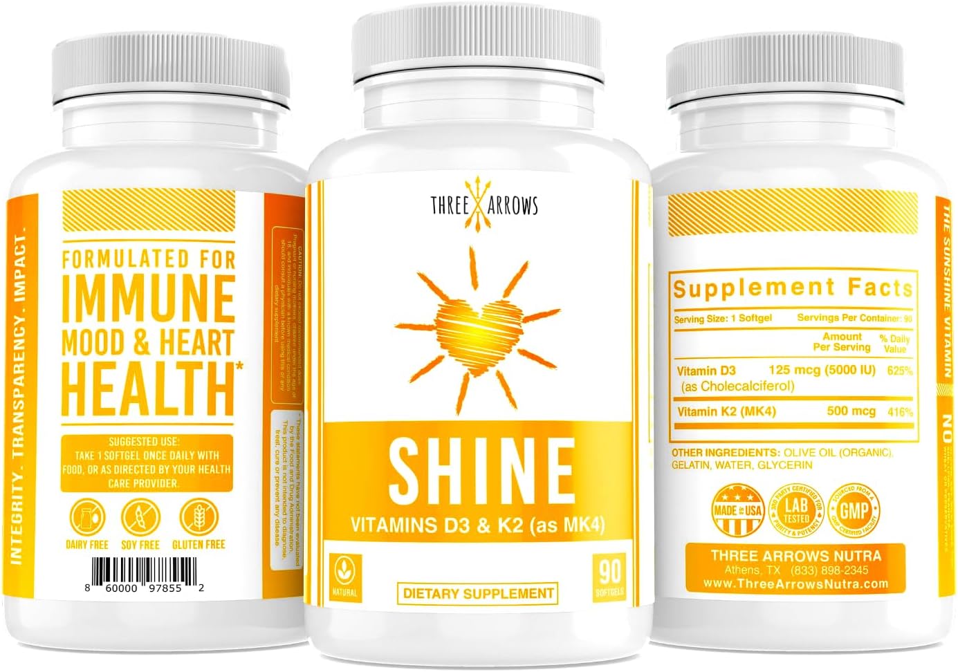 Three Arrows Shine Vitamin D3 K2 MK4 5000 IU + K2 500 mcg, 90 Softgels - görsel 4
