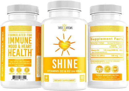 Three Arrows Shine Vitamin D3 K2 MK4 5000 IU + K2 500 mcg, 90 Softgels