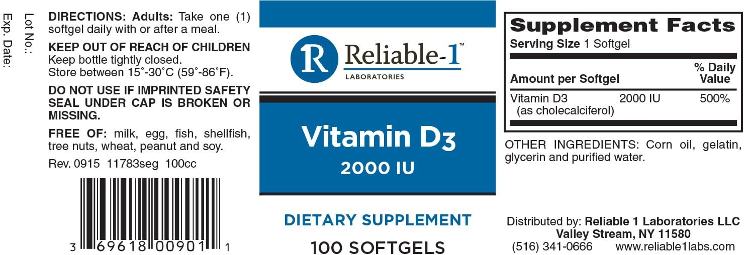 Reliable 1 Laboratories Vitamin D3 2000 IU Softgels, 100 Count - görsel 2