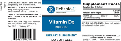 Reliable 1 Laboratories Vitamin D3 2000 IU Softgels, 100 Count