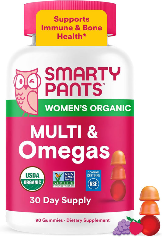 SmartyPants Organic Women's Multivitamin Gummies: Biotin, Methylfolate, Omega-3 (ALA), Vitamin D3, C, Vitamin B12, B6, A, K & Zinc, Inositol, Gluten-free, Vegetarian, 120 Count (30 Day Supply)