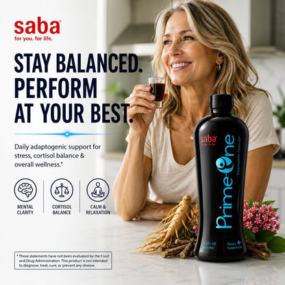 Saba Prime One Liquid Adaptogen Blend - Ashwagandha, Rhodiola, Reishi, Ginseng and Eleuthero - 946 ml (63 Servings)
