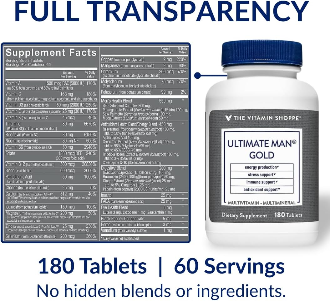The Vitamin Shoppe Ultimate Man Multivitamin - Daily Men's Multivitamin with Key Vitamins & Minerals, Supports Energy and Overall Wellness, Gluten-free, Soya & Dairy-free, 180 Tablets - görsel 6