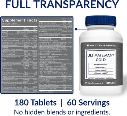 The Vitamin Shoppe Ultimate Man Multivitamin - Daily Men's Multivitamin with Key Vitamins & Minerals, Supports Energy and Overall Wellness, Gluten-free, Soya & Dairy-free, 180 Tablets