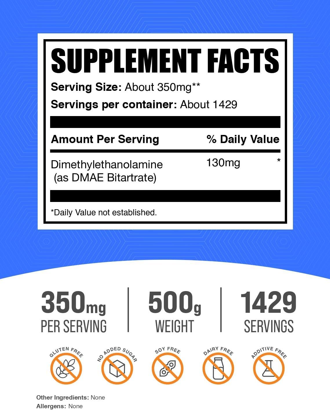 BulkSupplements.com DMAE Bitartrate Powder - 500g - Unflavoured, Gluten-free - görsel 2