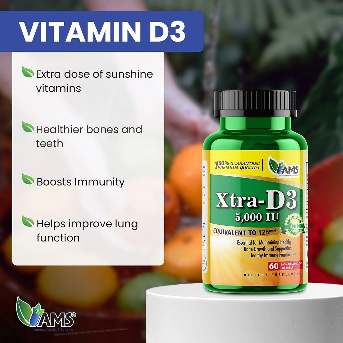 America Medic & Science Xtra D3 Vitamin D3 5,000 IU - 180 Softgels (3-Pack) - görsel 2
