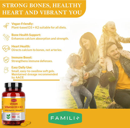 FAMILI+ Vegan Vitamin D3+K2 Soft gel capsule with Coconut MCT Oil – 2000 IU D3 + 100 mcg K2 MK-7, 180 Capsules – Image 9