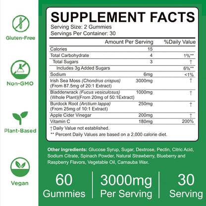 VIFSSG Sea Moss Gummies, 3000mg Irish Seamoss Gummy with Organic Bladderwrack, Burdock Root and Apple Cider Vinegar - 60 Gummies