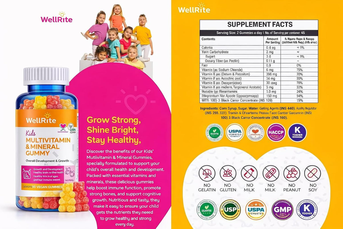 Kids Multivitamin Gummies – Wellrite Vitamin & Mineral for Growth & Immunity, Vegan, Gelatin Free, Gluten-free, Nut Free, 60 Count, Strawberry & Lemon Flavour - görsel 5