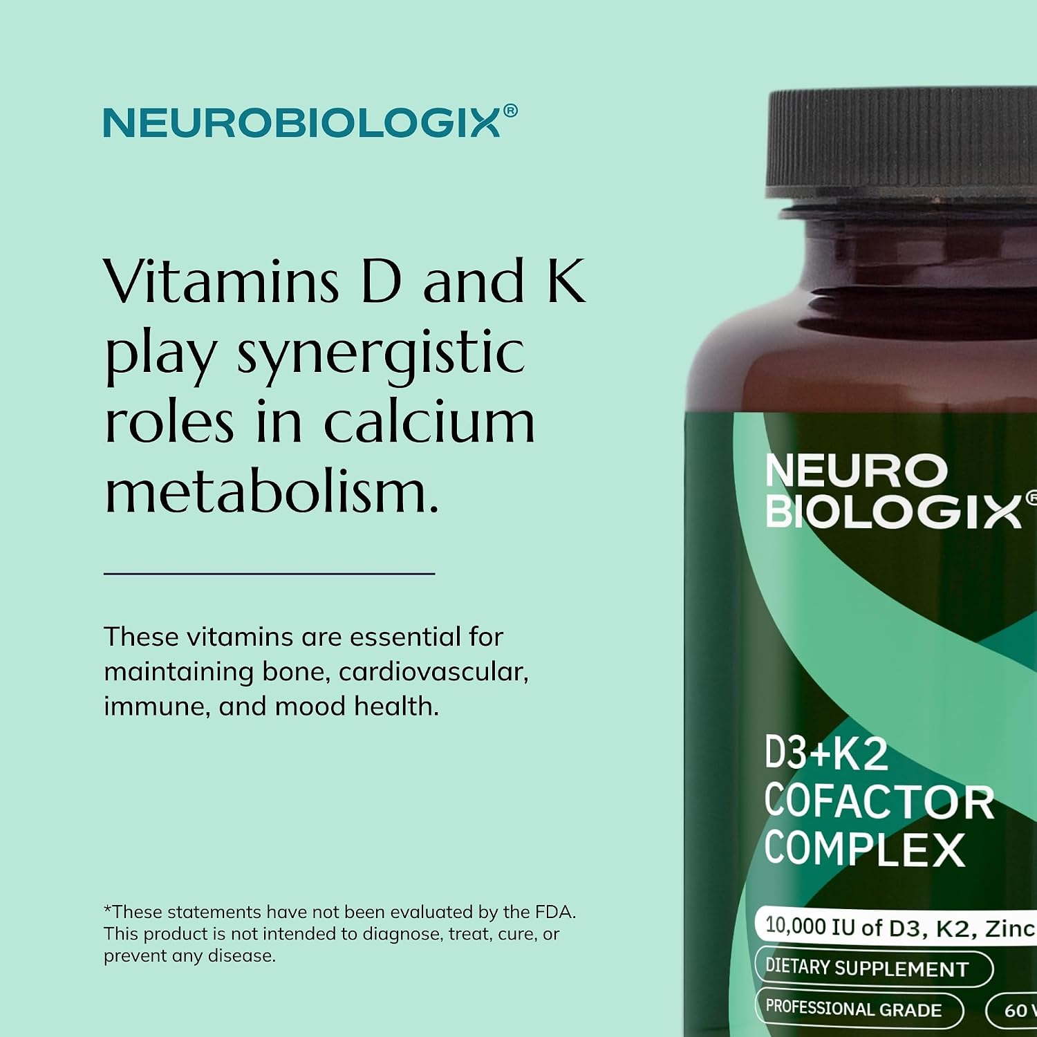 Neurobiologix Vitamin D3 + K2 Cofactor Complex, 10,000 IU with MK-7, Zinc & Boron, 60 Capsules - görsel 4