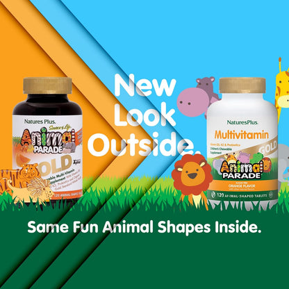 NaturesPlus Animal Parade Source of Life Gold Children's Multivitamin - Orange Flavour - 120 Chewable Tablets